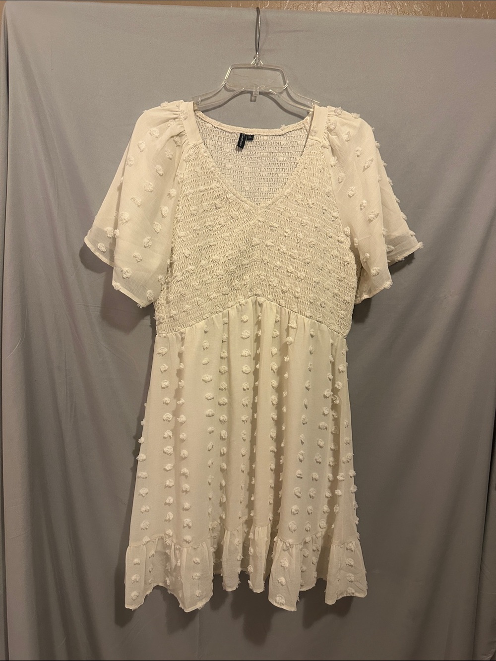 Cream Textured V-Neck Mini Dress